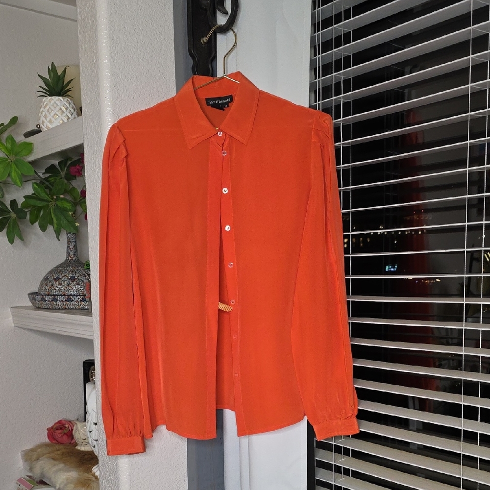Harve Benard Bold Orange Women's Button Down Shirt Vintage Silk 10